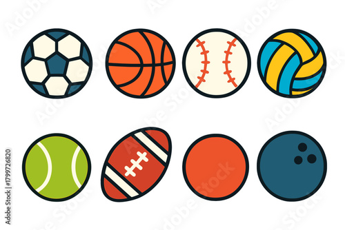 Colorful collection of various sports balls including soccer basketball baseball and football