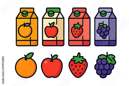 Assortment of fruit juice cartons and matching whole fruits orange apple strawberry grape