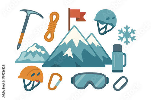 Essential mountaineering and climbing gear set including ice axe, rope, helmet, and goggles