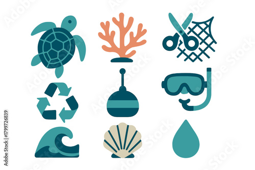 Marine conservation symbols featuring sea turtle, coral, recycling, and diving mask