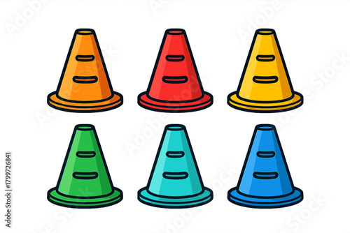 Brightly colored safety cones used for traffic direction, road work, or athletic training