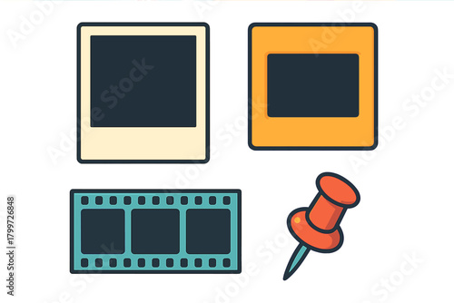 Retro photography and memory symbols with instant photo frame, film slide, strip, and pushpin