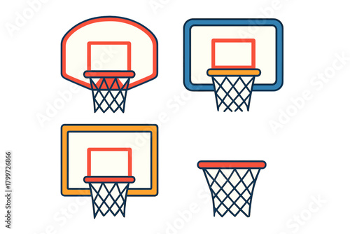 Collection of basketball backboards, hoops, and nets in different styles