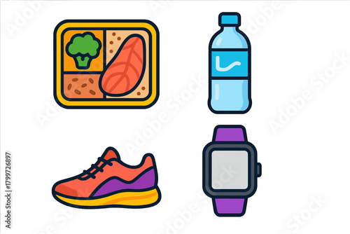 Collection of healthy lifestyle objects including fitness gear, balanced meal prep, and wearable technology