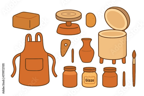 Essential pottery tools and equipment including kiln, wheel, clay, apron, and glaze jars