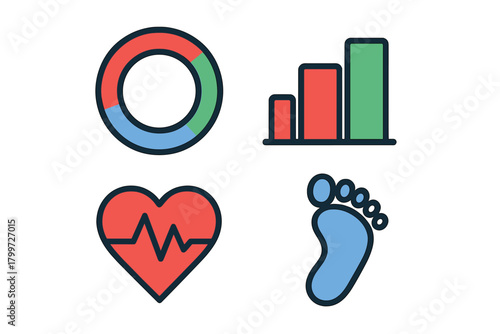 Health monitoring and fitness tracking icons with data visualization symbols