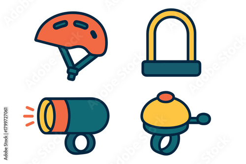 Essential cycling gear set featuring safety helmet, security U-lock, headlight, and warning bell