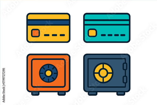 Brightly colored flat design icons representing financial security and payment methods