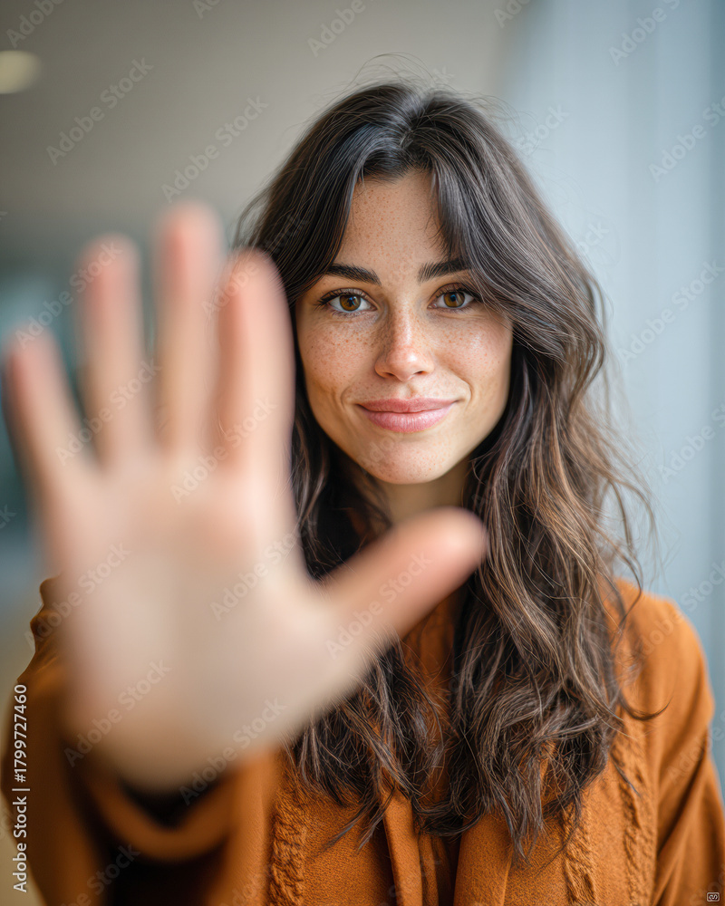 Obraz premium A smiling young woman extends her hand toward the camera, exuding confidence and warmth in a bright, modern setting.