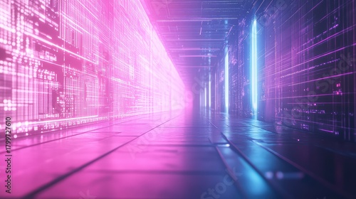 Fototapeta Naklejka Na Ścianę i Meble -  Digital data flowing through futuristic neon cyberspace tunnel