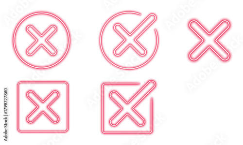 Neon glowing red cross mark, X symbol, illuminated decline symbol for ui and app interfaces featuring modern lineal wrong icon elements and bright rejection alert on transparent background