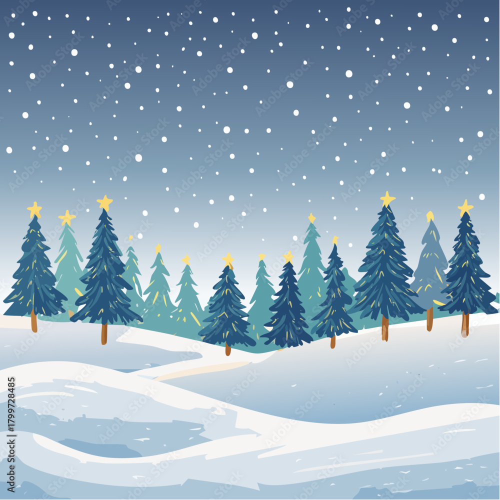 Obraz premium Vector illustration of a majestic, serene snow-covered forest at night, with subtle, distant Christmas lights creating a magical glow.