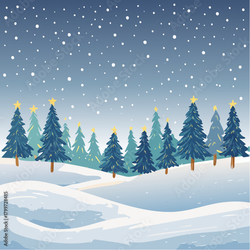 Vector illustration of a majestic, serene snow-covered forest at night, with subtle, distant Christmas lights creating a magical glow.