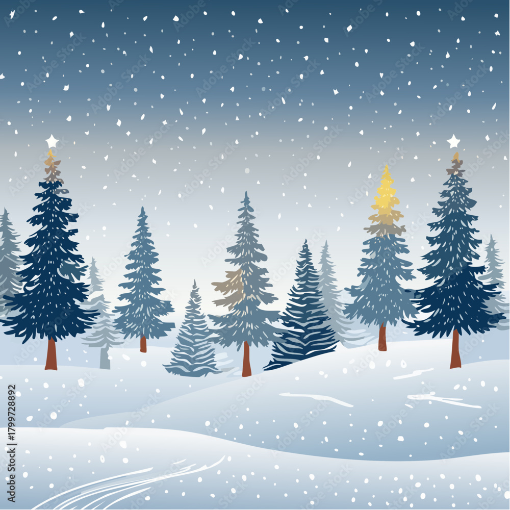 Obraz premium Serene night landscape for winter and Christmas projects. Vector illustration of a peaceful, snow-covered woodland setting.