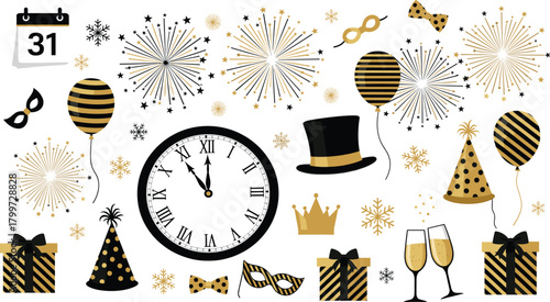 New Year's Eve Celebration and Party Elements Set in Black and Gold, Featuring Countdown Clock, Fireworks, Champagne, Gift Boxes, and Masks Vector