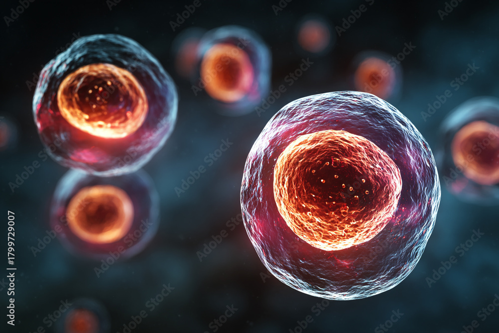 Naklejka premium Microscopic view of glowing organic cells with a vibrant red core and a translucent membrane against a dark background representing biological life and cellular activity