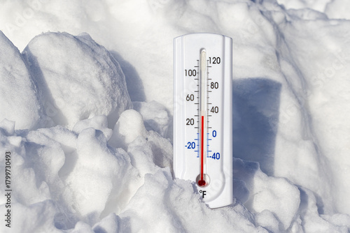 Thermometer showing freezing cold temperature in snow. Winter weather warning, wind chill and freezing temperatures concept.