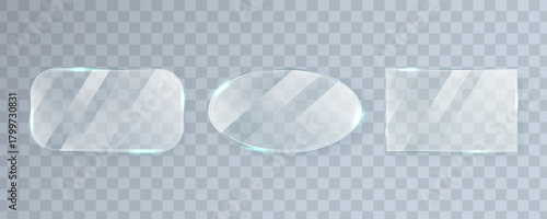 Glass window texture set. Glossy mirror panel. Bright screen effect. Plastic plate mockup. Digital frame. Clear button. Square tag and badge. Shiny framework. Light circle banner. Vector illustration