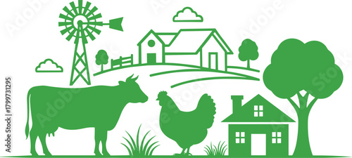 Farm silhouette illustration, rural landscape vector, cow and chicken icon, windmill graphic design, eco agriculture art, countryside house symbol, nature field