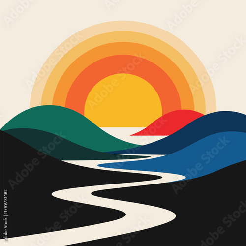 Stunning retro landscape with sunset and winding river for vibrant designs, adds a touch of nature and artistry to any project, perfect for branding and art.