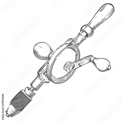 Vintage manual drill vector line art hand drawn illustration