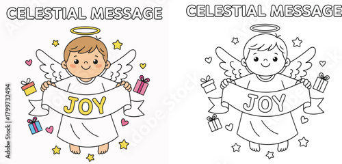 Celestial Message Adorable Angel Holding JOY Banner with Gifts and Hearts Heavenly Holiday Illustration
