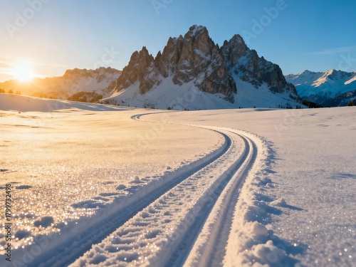 Snow-covered mountain landscape with ski tracks under sunrise