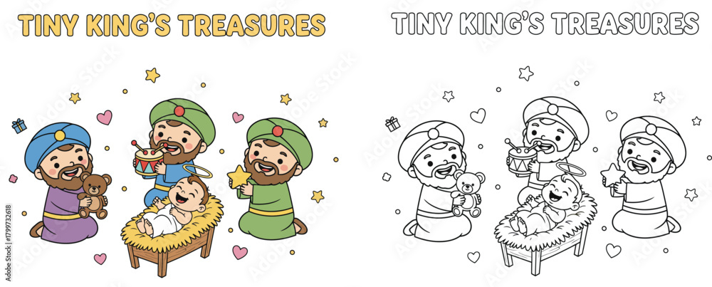 Fototapeta premium Tiny King's Treasures Three Wise Men Adoring Baby Jesus with Gifts and Stars Nativity Scene Illustration