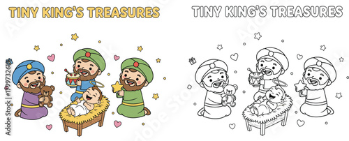 Tiny King's Treasures Three Wise Men Adoring Baby Jesus with Gifts and Stars Nativity Scene Illustration