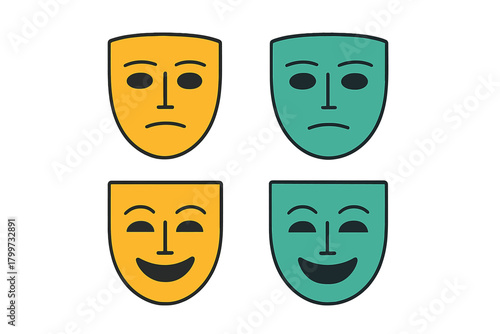 Four theatrical masks representing comedy and tragedy in contrasting yellow and teal colors