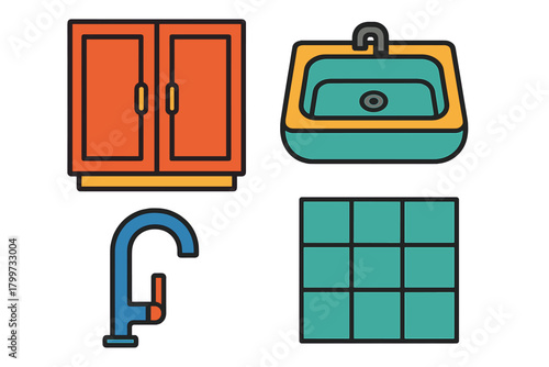 Kitchen interior elements including cabinet sink faucet and square wall tiles