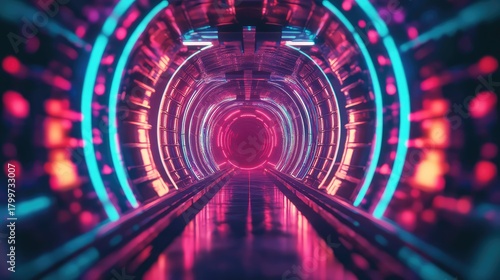 Fototapeta Naklejka Na Ścianę i Meble -  Futuristic neon light tunnel providing abstract background for technology concepts