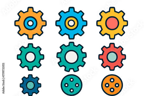 Set of colorful mechanical gear and cogwheel symbols representing settings and technology