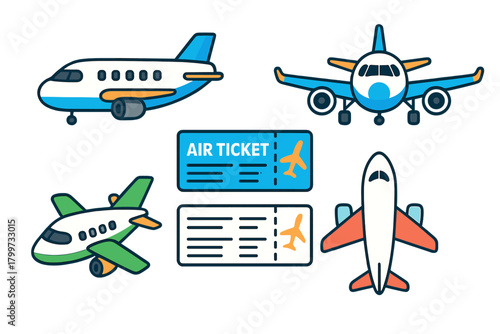 Colorful passenger aircraft icons and flight boarding passes representing global travel and aviation