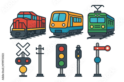 Collection of trains, locomotives, passenger cars, and railway traffic signals set