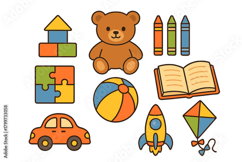 Colorful collection of classic children's toys including teddy bear, building blocks, car, and ball