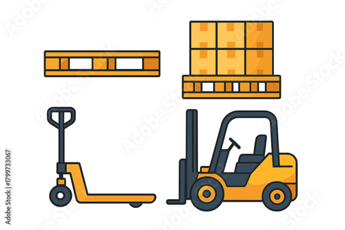 Material handling equipment set with forklift, pallet jack, wooden pallet, and stacked boxes