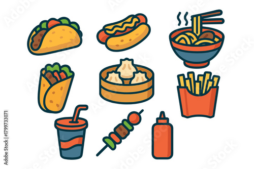 Popular quick meals and snacks set including hot dogs, tacos, ramen, french fries, and dumplings