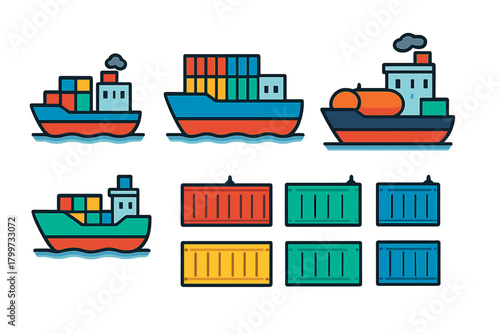 Colorful cargo ships and intermodal containers representing global logistics and transport icons