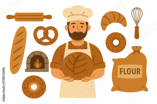 Bearded baker holding fresh artisan bread surrounded by bakery items and cooking equipment