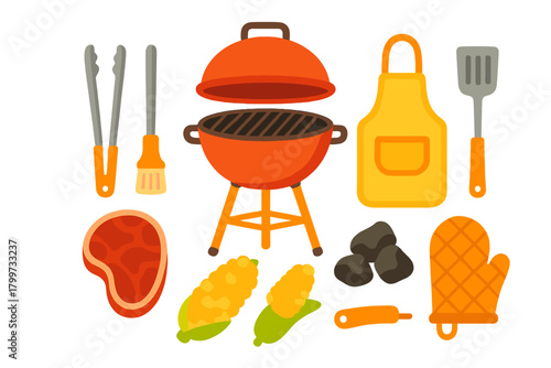 Essential barbecue and grilling tools set with charcoal grill meat corn and cooking accessories