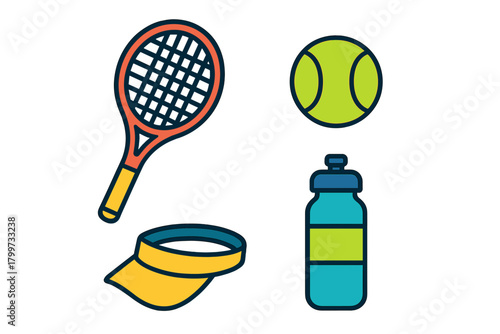 Collection of tennis racket ball visor and water bottle sports gear