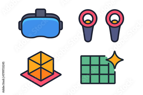Virtual reality headset, motion controllers, and augmented reality 3D modeling symbols