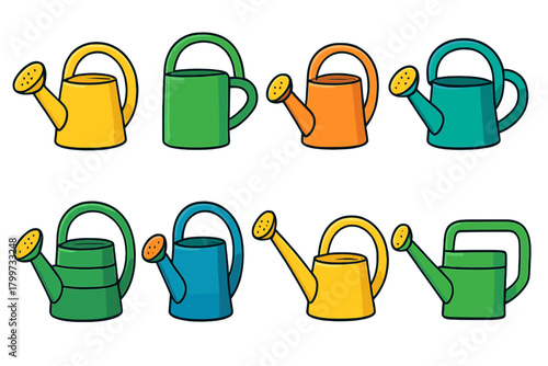 Eight brightly colored plastic watering cans in different shapes and colors for gardening