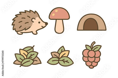 Cute autumn forest elements set including hedgehog mushroom leaves and berries
