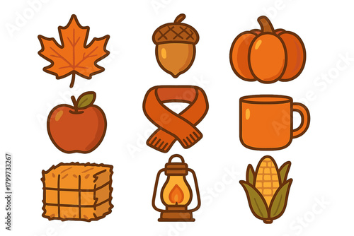 Colorful autumn and harvest season symbols set including pumpkin, maple leaf, and corn