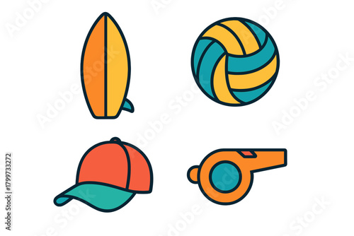 Collection of brightly colored icons representing summer sports and beach activities