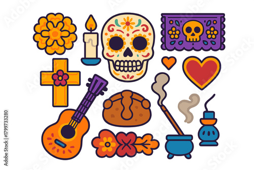 Colorful collection of traditional Mexican Day of the Dead celebration elements and symbols