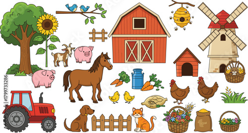 Large Cute Cartoon Farm and Agriculture Vector Set with Barn, Windmill, Tractor, Domestic Animals, Sunflowers, and Harvest Products for Kids Education