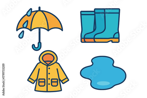 Open umbrella, yellow raincoat, and blue rubber boots near a puddle for rainy weather protection
